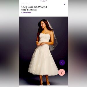 Ivory Oleg Cassini Tea-Length Wedding Dress Size 14 CWG743